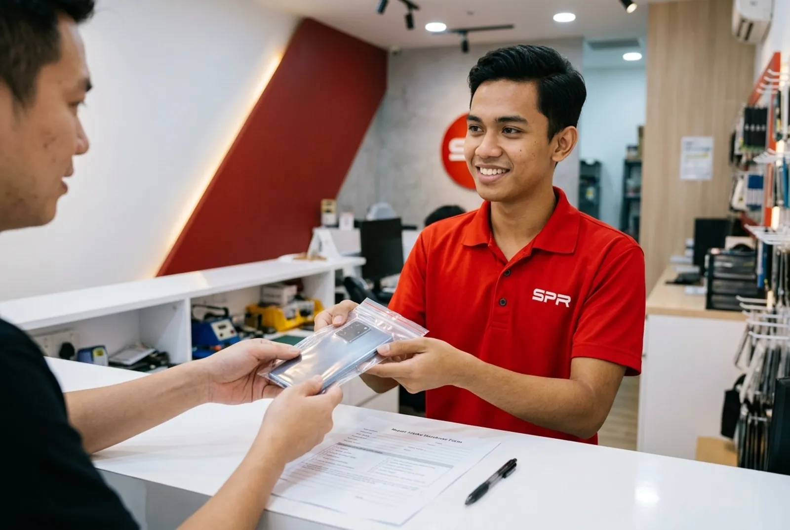 Pelanggan menyerahkan telefon kepada staf SPR di kaunter