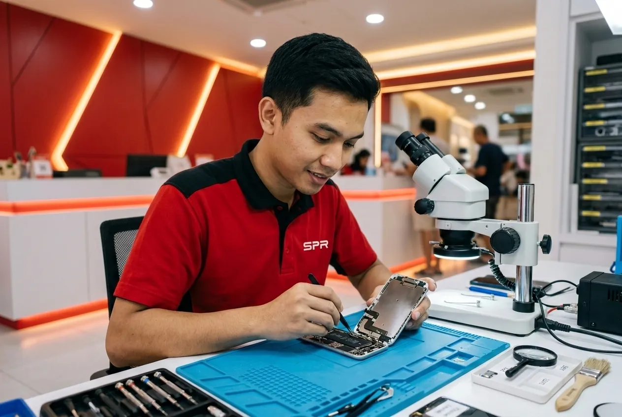 Juruteknik SPR membaiki telefon di meja kerja