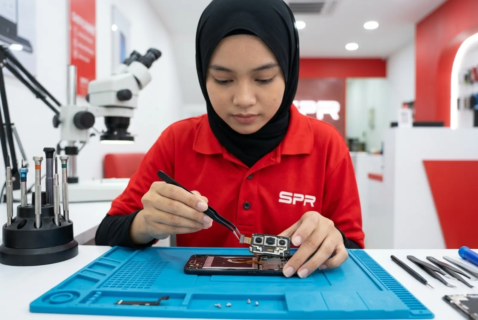 Juruteknik SPR menanggalkan modul kamera belakang telefon