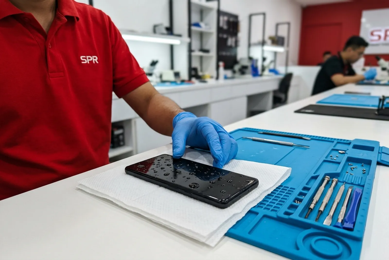 Telefon basah di atas tisu di kaunter SPR